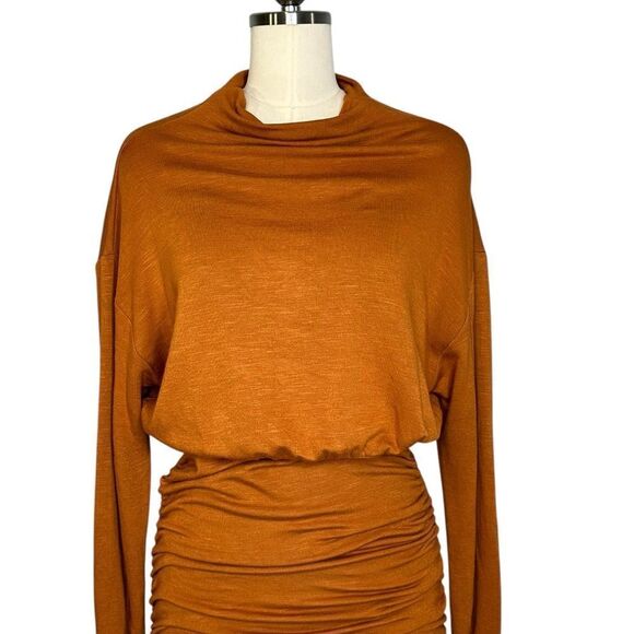 Anthropologie Daily Practice Burnt Orange Ruched Long Sleeve Mini Dress | M - Picture 6 of 10